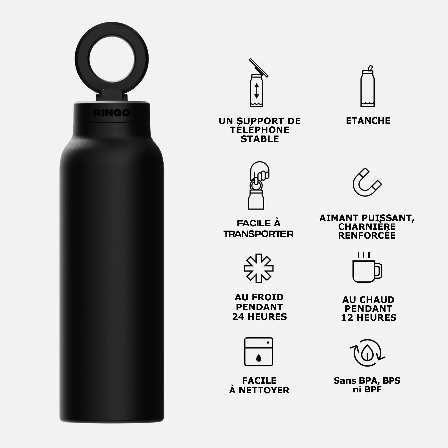 Gourde isotherme Ringo Pro noire pour filmer ses entraînements